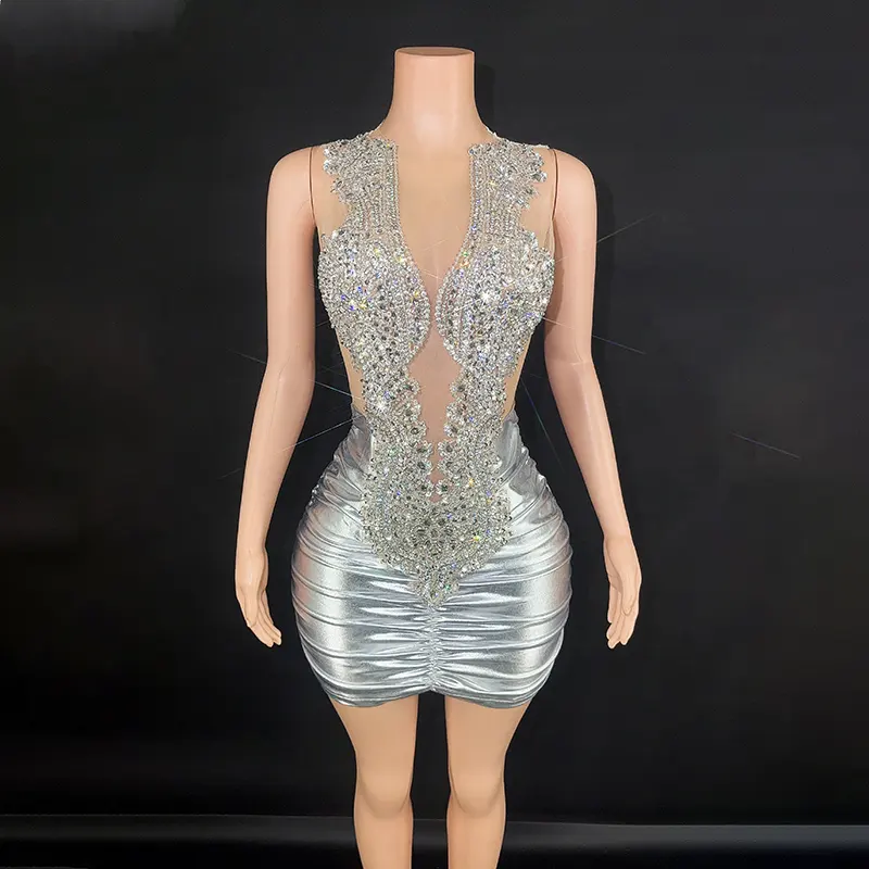 Нованское Y2942-B Клубное платье со стразами, пикантное мини-облегающее сексуальное платье с вырезом на шее и открытой спиной, лоскутное вечернее платье