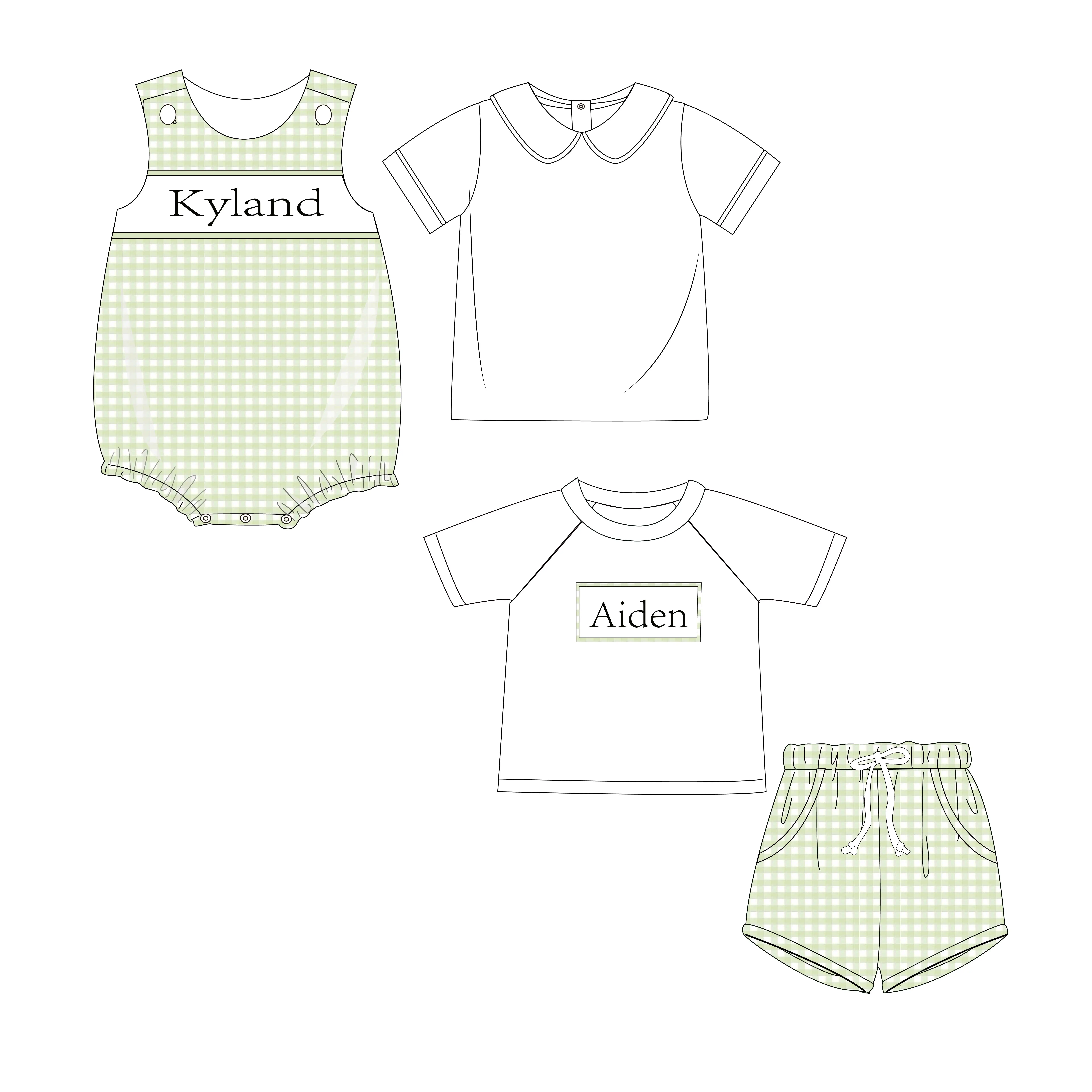 Fabrik individuelle Boutique-Kinderbekleidung Babys Jungen menta grüne Stickerei Boot niedliches Muster Luftpolster-Bekleidung Kollektion