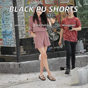 Black Casual 100% Cotton <b>PU</b> 220g Plain Dyed Mid Elastic Waist Windproof Drawstring Shorts <b>Skirts</b> to Show off Long Legs - Product Image 2