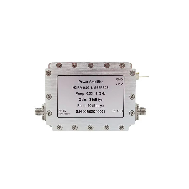 Ultra Wideband 30MHz-8GHz RF Microwave Low Noise Amplifier with 33dB Gain 1W Output Power SMD Mounting 12V Supply in Stock