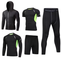 Ensemble de sport cinq pièces pour homme, couleur unie, ajusté, séchage rapide, manches longues, en soie de lait, élasthanne et polyester, pour le fitness