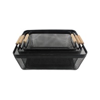 Panier en acier grillagé, grand panier organisateur de rangement en fil métallique, paniers de cuisine suspendus multifonctionnels avec poignée en bois