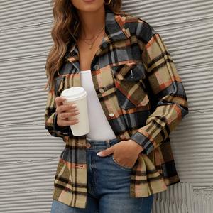 2021 otoño e invierno <span class=keywords><strong>nuevas</strong></span> señoras camisa a cuadros tela pecho abrigos de Mujer - Product Image 4