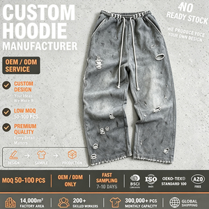Customized Elastic Drawstring Sweatpants Screen Digital printing Distressed Acid Washed Embroidery Streetwear Pants For <b>Men</b> - Product Image 1