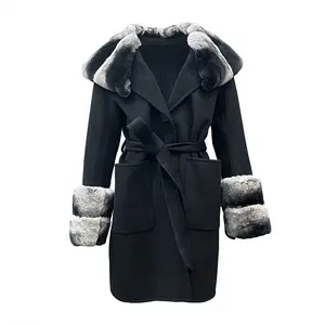 Trendy Double Sided Cashmere Coat Women Wool Coat with detachable Rex Rabbit Chinchilla Color Fur