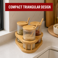 Ensemble de 3 pots à épices en verre avec couvercle en bambou, contenants de rangement à texture côtelée verticale avec cuillère en bambou et support triangulaire
