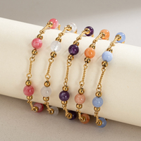 Pulsera de Cadena de Acero Inoxidable Impermeable Estilo Nacional con Cuentas Redondas de Piedra Natural y Opciones de Gemas Multicolor