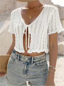 <span class=keywords><strong>SHENHE</strong></span> Cardigan d'été léger en maille acrylique unie à manches courtes et à nouer sur le devant pour femme - Product Image 5