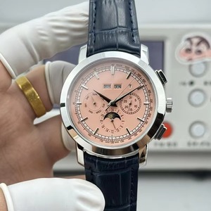 Montre automatique de luxe pour homme, cadran saumon, chronographe, phases de lune, boîtier argenté, bracelet en cuir bleu, modèle 2026, vente chaude - Product Image 2