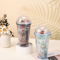 Vaso de Plástico Ecológico de 450 ml, Libre de BPA, con Pajita, Tapa de Doble Pared a Prueba de Fugas, Diseño Reutilizable, Color Confeti Kawaii para Niños