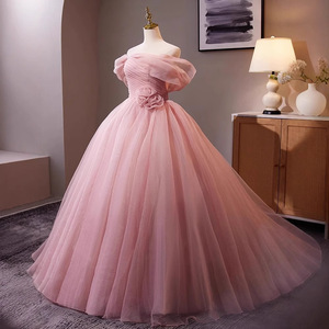 Pink Off The Shoulder Chiffon Ball Gown Empire Waist Evening Dress For Women - Product Image 3