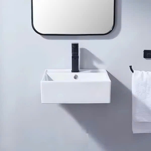 Lavabo de Baño Moderno Cuadrado de Cerámica Blanca para Montar en la Pared, con un Solo Orificio para Grifo, Origen Vietnam, Especificaciones Personalizadas, Fácil Instalación - Product Image 1