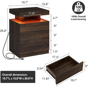 Nu-<strong>Deco</strong> Modern LED Nightstand Wireless Charging Station USB Ports 3 Drawers RGB Adjustable Brightness High Gloss <strong>Bedside</strong> <strong>Table</strong> - Product Image 3