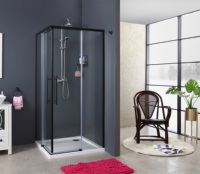 Cabine de douche coulissante carrée chromée 90x90 avec cadre, verre trempé 6 mm, roulettes ovales en laiton
