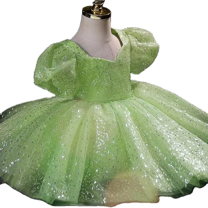 Vestido da princesa mori, vestido verde de mangas puff fashion show performance com lantejoulas