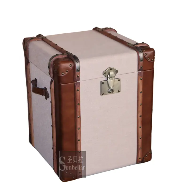 Armário de bagageiro vintage mais vendido, caixa de armazenamento em tecido de linho e couro genuíno de boa qualidade, mesa de cabeceira para sala de estar, quarto