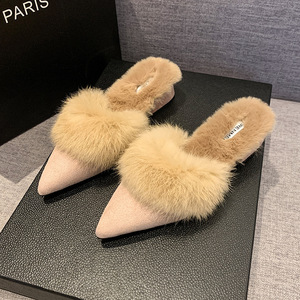 <span class=keywords><strong>Mules</strong></span> à bout pointu pour femmes, pantoufles fourrées et moelleuses avec bordure en fourrure, talon bas, mode, pour l'extérieur, à enfiler - Product Image 5