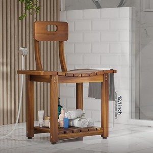 Chaise de douche en bois avec étagère de rangement 47,5x42x88,5 cm, tabouret de salle de bain pour la douche et porte-serviettes - Product Image 1