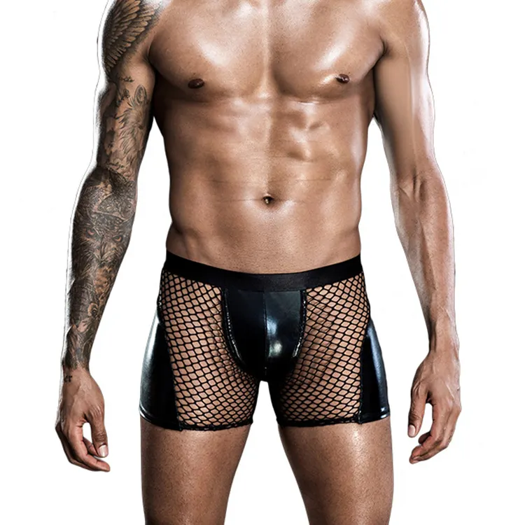 Custom Pu Man Plus Size Boxers Briefs Net Underwear For Men Transparent Sexy Lace Leather Shorts Gay Tight Sexy Black Mens Boxer
