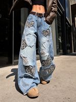 Jeans Anchos con Parche de Corazón de Leopardo, Estilo Y2K, para Mujer, Estética de los 90, Azul Claro Lavado, Holgados