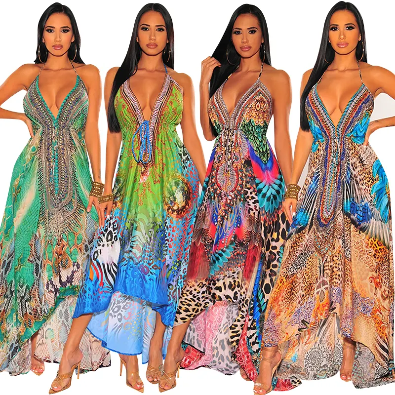 Retro Boho Women's Sexy Long Maxi Dress Sleeveless Halter Loose Pattern Printing Ladies Casual Tight Dress Summer Beach Dress