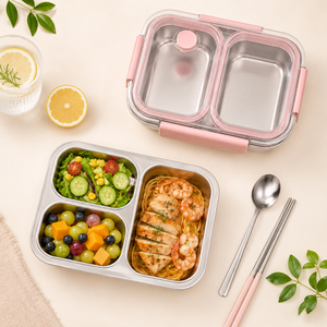 Boîte à lunch bento en acier inoxydable 316, 3 compartiments, portable, anti-fuite, avec couvercle amovible, design rectangulaire moderne pour enfants - Product Image 1