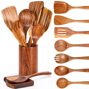 Vente en gros d'ustensiles de cuisine en bois personnalisés accessoires 9 pièces outils de cuisine en teck spatule cuillère louches en acacia ensembles d'ustensiles en bambou