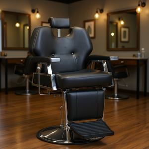Sillón de Barbería de Cuero Sintético Negro con Estructura de Hierro, Altura Ajustable, Base Redonda, Bomba Hidráulica Profesional, Muebles de Salón - Product Image 2