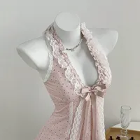 Robe de soirée rose à pois pour femme, col en V, taille nouée, coupe ajustée, sans manches, style doux, ODM