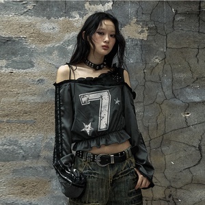 Casual Loose <b>Tops</b> Streetwear Letter Print Fairy Goth Children T-shirt <b>Y2k</b> Aesthetic Slash Neck Bandage Grunge Spring 100% - Product Image 3