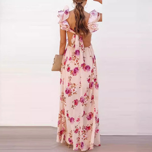 Robe longue à imprimé floral, épaules dénudées, taille empire, dos nu, robe de soirée d'été respirante, impression numérique - Product Image 4