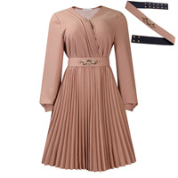 Nouvelles femmes élégante robe plissée col en v à manches longues ceinturée robe mi-longue femmes africaines mode solide a-ligne carrière robe