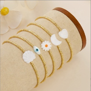 Everyday <b>Boho</b> Gold Beaded <b>Bracelet</b> White Shell Cross Handpiece Stainless Steel Heart-Shaped Folded Geometric Pattern Unisex - Product Image 2