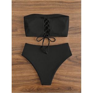FOXA Women's 2 Piece Bikini Ribbed Bandeau Top High Waisted Panties Summer Swimwear Stretch Spandex Nylon - Product Image 3