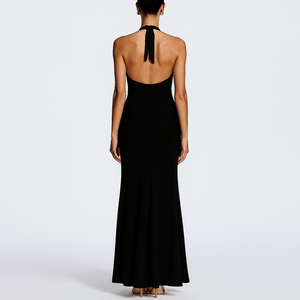 Özel toptan moda zarif Halter Backless bayanlar kadınlar siyah bel dantelli Maxi elbise - Product Image 3
