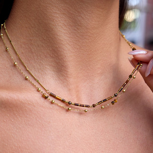 Collar de cuentas de ojo de tigre de doble capa, joyería de acero inoxidable, diseño geométrico para accesorios de moda - Product Image 2