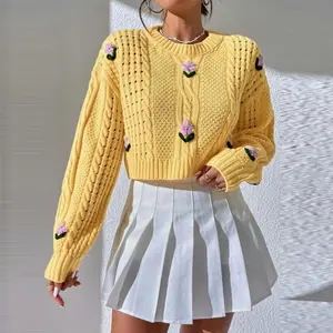Jersey de punto con bordado floral para mujer, jersey de diseño personalizado, a la moda, a precio de fábrica, venta al por mayor