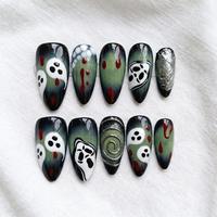 Lot de faux ongles Halloween carrés courts noirs, style French Drip, à presser, peints à la main, motifs chauve-souris, fantômes, étoiles, avec paillettes rouges, en acrylique