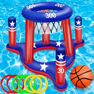 Édition limitée Ensemble de jeux de piscine gonflables d'été avec drapeau américain, comprenant un panier de basket flottant et un jeu de lancer d'anneaux, pour adolescents et adultes - Product Image 1