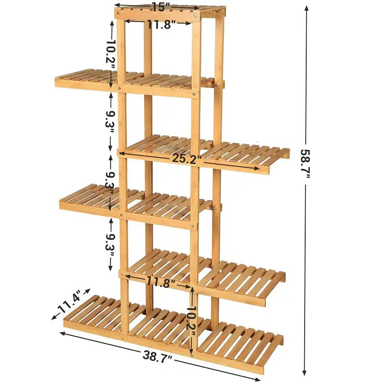 6-Tier Asymmetry Bamboo Flower Shelf Plant Pot Stand Multifunctional Ladder-Shaped Flower Rack Storage Holder Display Shelves