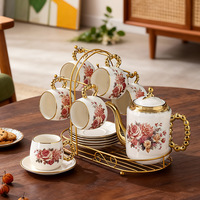 Set Cangkir Kopi Keramik Retro Mewah 6 Buah dengan Desain Bunga Kecil, Portabel