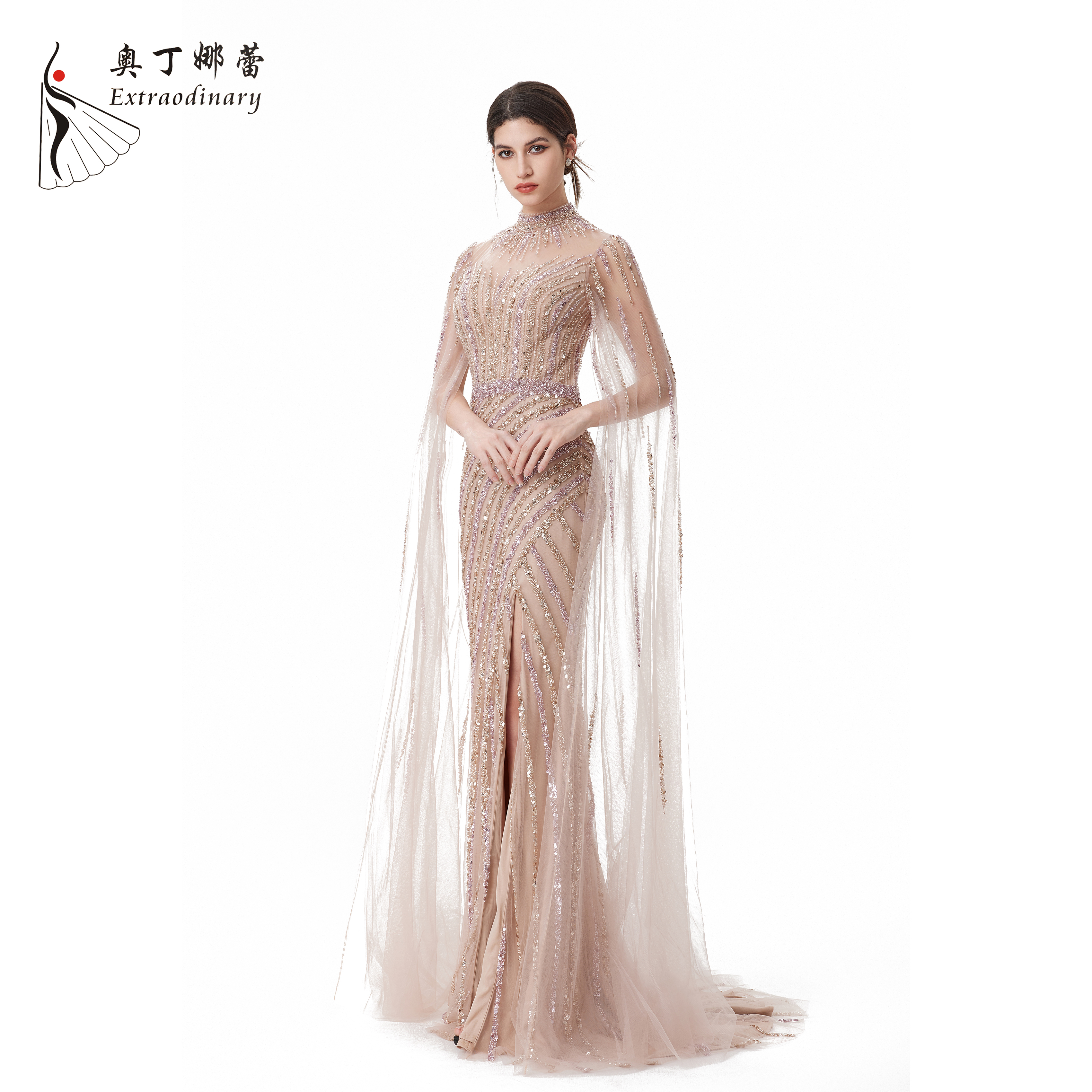 chinese dress ladies Rhinestone Sky Blue Velvet Long Train Mermaid Prom Dress with Cape main image 1