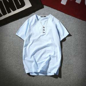 Camiseta de Lino/Hemp de Color Sólido, Estilo Simple y Sostenible, con Botones Mandarín, Cuello en V, Camisas Casuales para Hombre, Venta al Por Mayor - Product Image 2