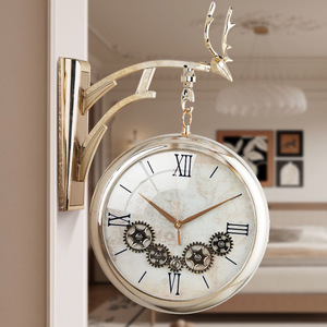 55X40cm horloge Double face muet luxe mode lumière luxe luxe <span class=keywords><strong>salle</strong></span> <span class=keywords><strong>à</strong></span> <span class=keywords><strong>manger</strong></span> horloge murale Double face avec horloge murale <span class=keywords><strong>à</strong></span> engrenage - Product Image 2