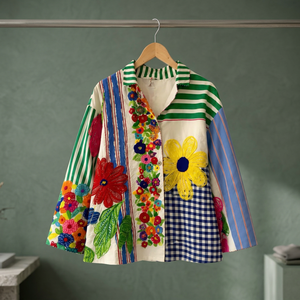 Chaqueta Bordada con Parches de Algodón Indio, Abrigo con Cuello y Apliques Florales Multicolores para Mujer, Venta al Por Mayor - Product Image 1