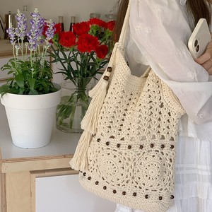 Bolso de Hombro Étnico de Gran Capacidad, Estilo Forestal, Artístico, Calado, con Borlas, de Algodón Tejido, para Vacaciones en la Playa, Color Blanco Roto - Product Image 2