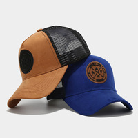Gorra Trucker de 5 Paneles de Gamuza con Logotipo Bordado en Cuero Middle Crown, Gorro de Malla, Gorros de Camionero