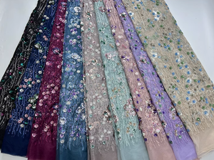 Ancho 125 cm piel flores brillantes lentejuelas bordado cuentas malla nigeriana tela pesada tul encaje tela para vestido de novia - Product Image 2