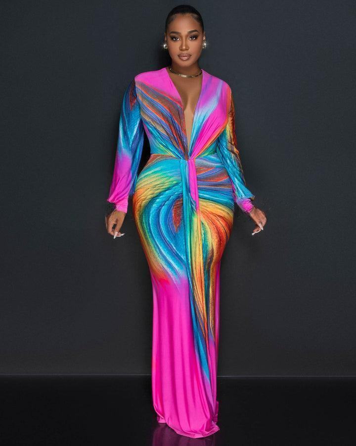 knee length dresses for ladies Rainbow Maternity Photoshoot Dress V-Neck Pregnancy Maxi Dress, Pink / S main image 1