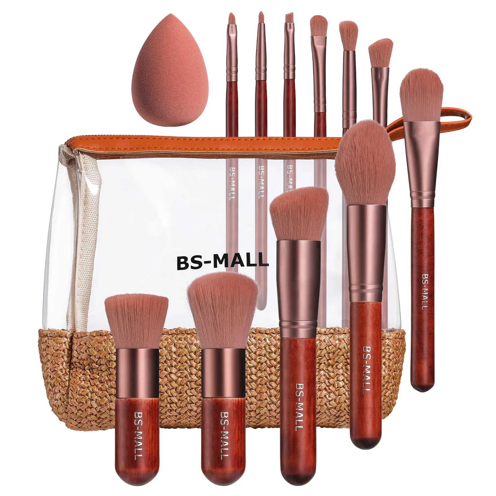 BS-MALL Face Makeup Tool Set Soft Beauty Sponge Blender PVC Makeup Bag Red Wooden 11PCS Kabuki Makeup Brushes Set
